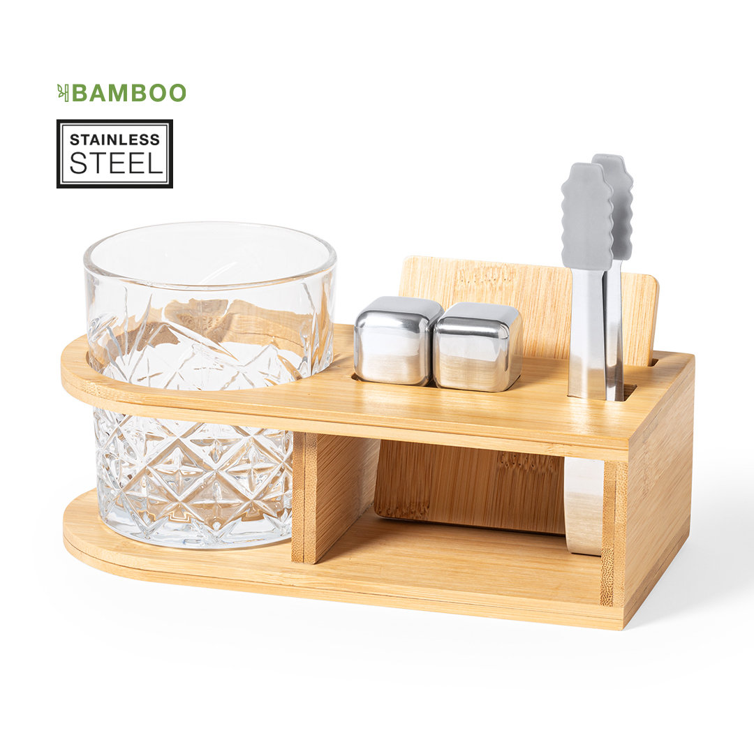 Hochwertiges Whisky-Set mit elegantem Bambus-Ständer mit Persona